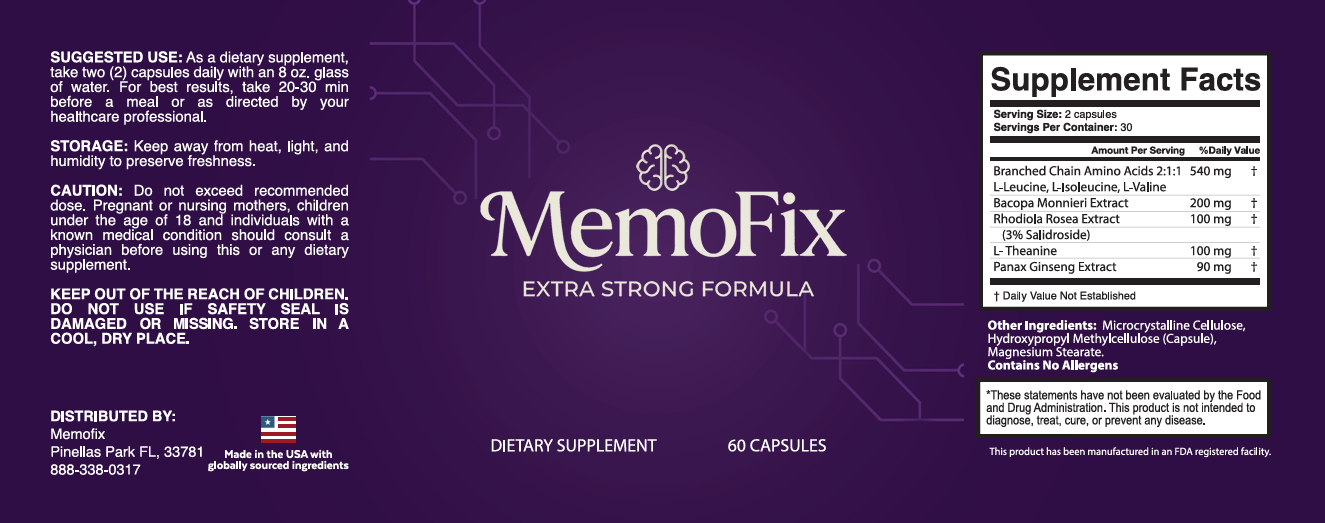 Official MemoFix Extra Strong Formula label — suggested use, storage, caution and full Supplement Facts panel